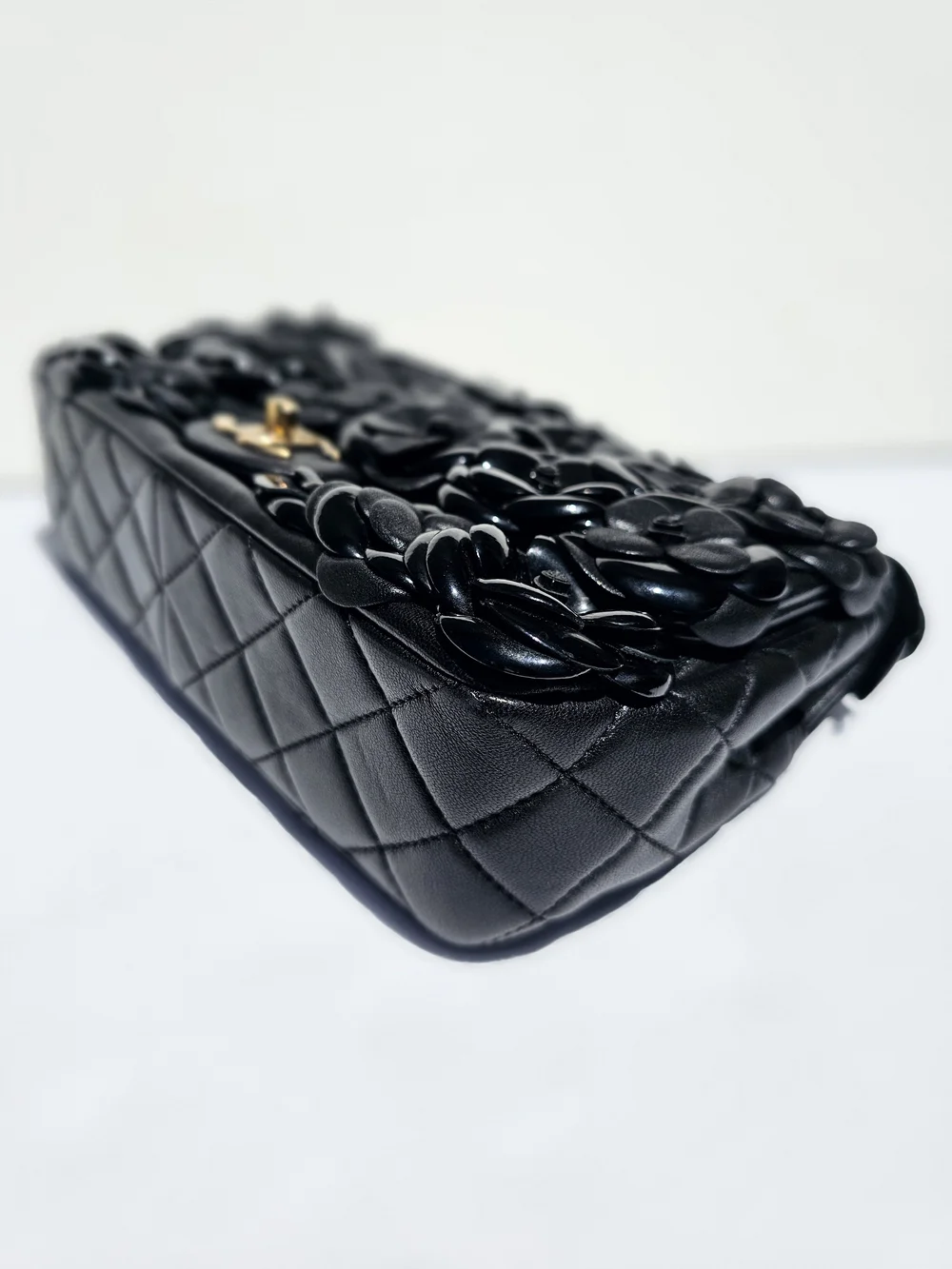 Auth Chanel black leather 3d camellia medium flap bag htf
